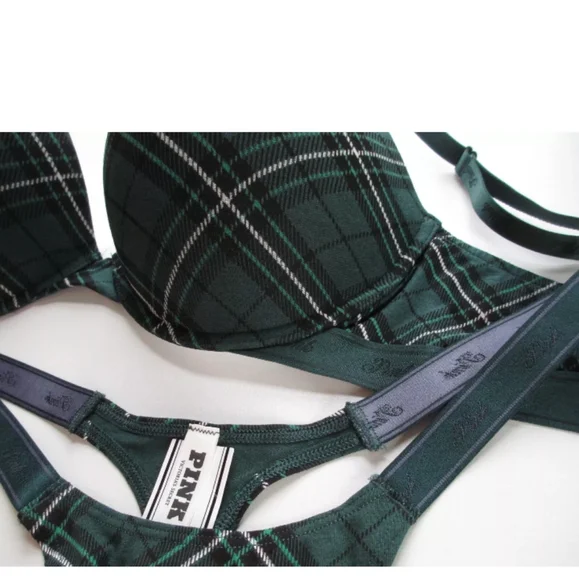 VICTORIA'S SECRET PINK Super Push-Up Bra & XL Thong Panty Set Green Plaid Cotton